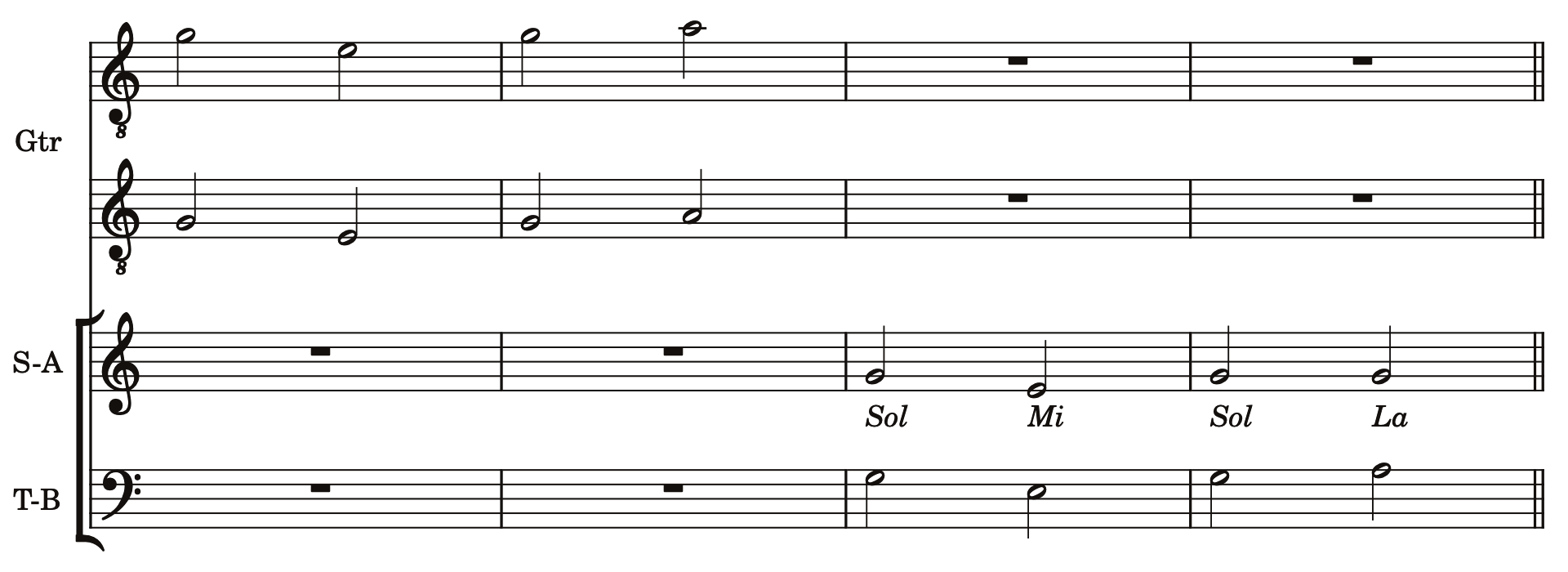 Guitar and voice exercise singing Sol, Mi, Sol, La.