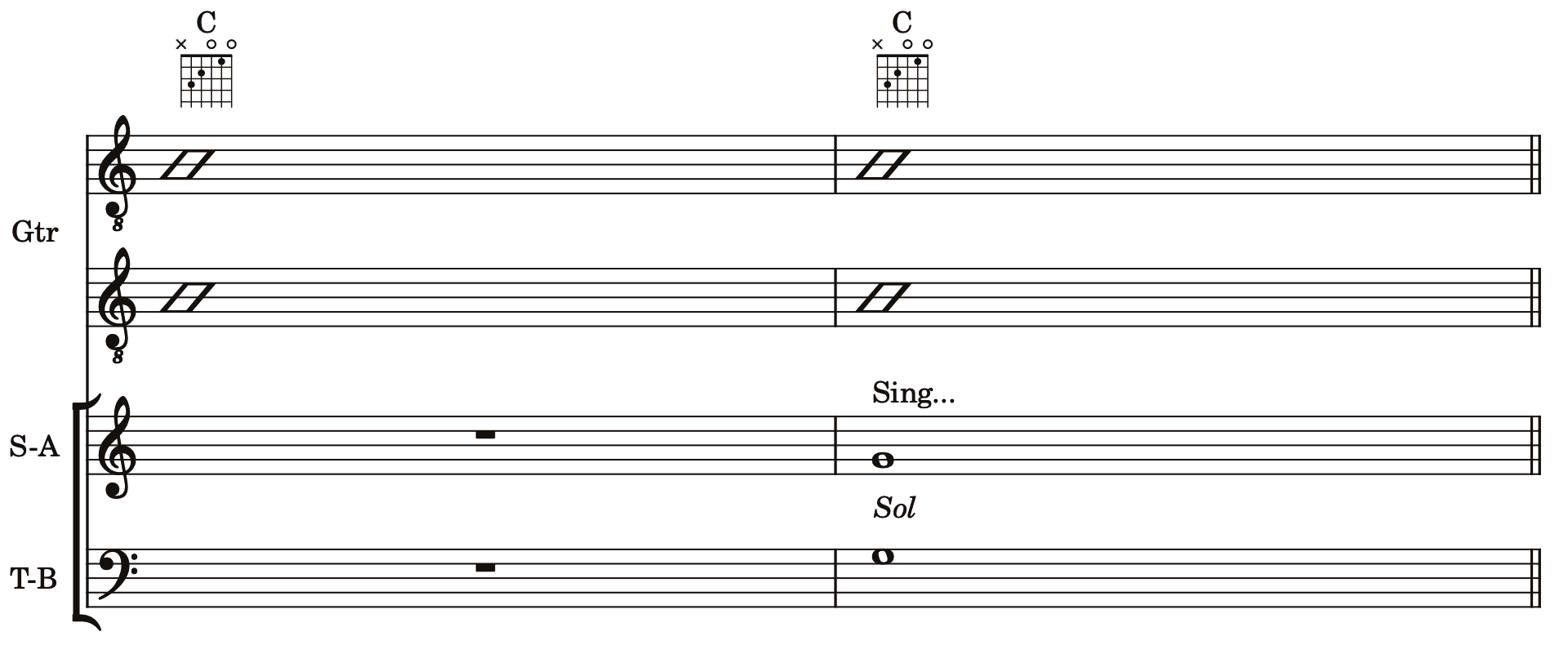 Strum the C chord, then sing Sol as the 5th of the chord.