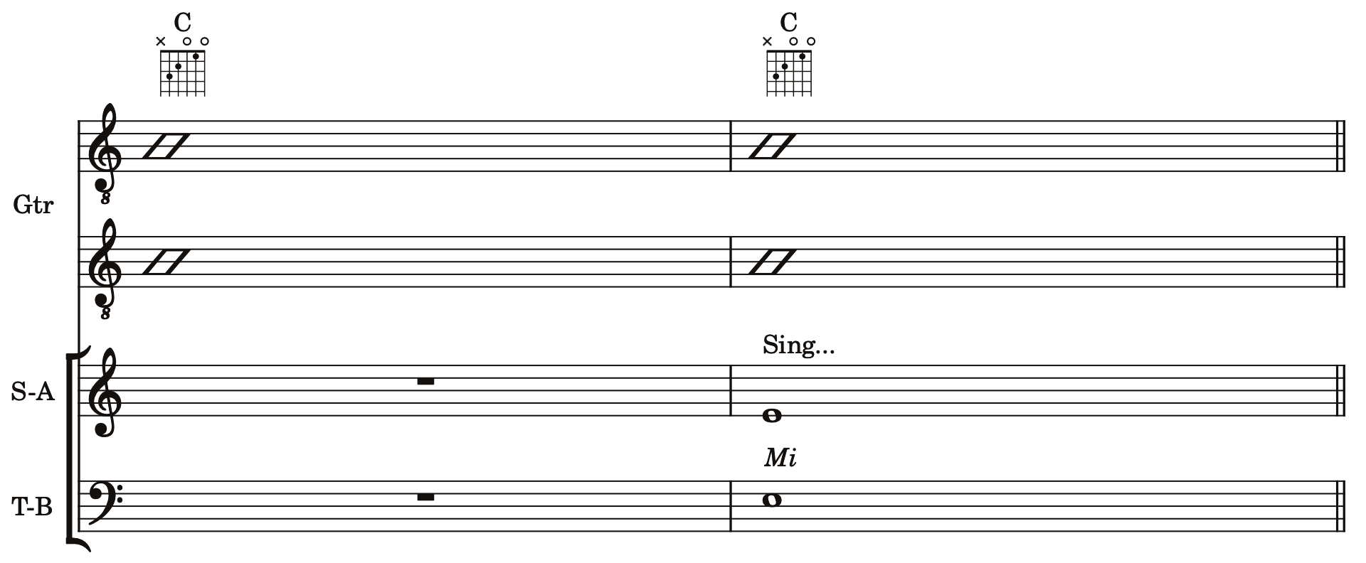Strum the C chord, then sing Mi as the 3rd of the chord.