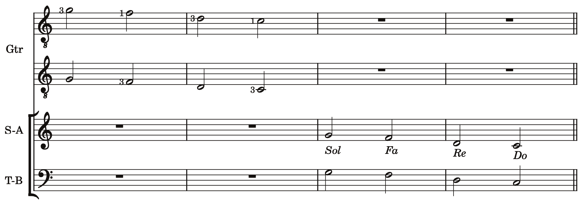Guitar and voice exercise singing Sol, Fa, Re, Do.