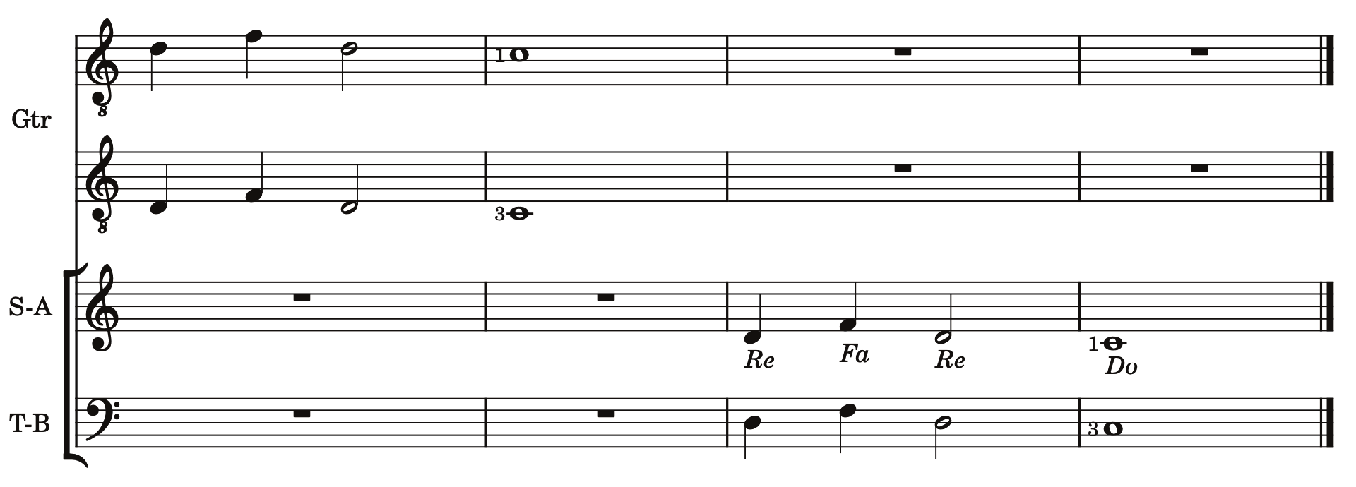 Guitar and voice exercise singing Re, Fa, Re, Do.
