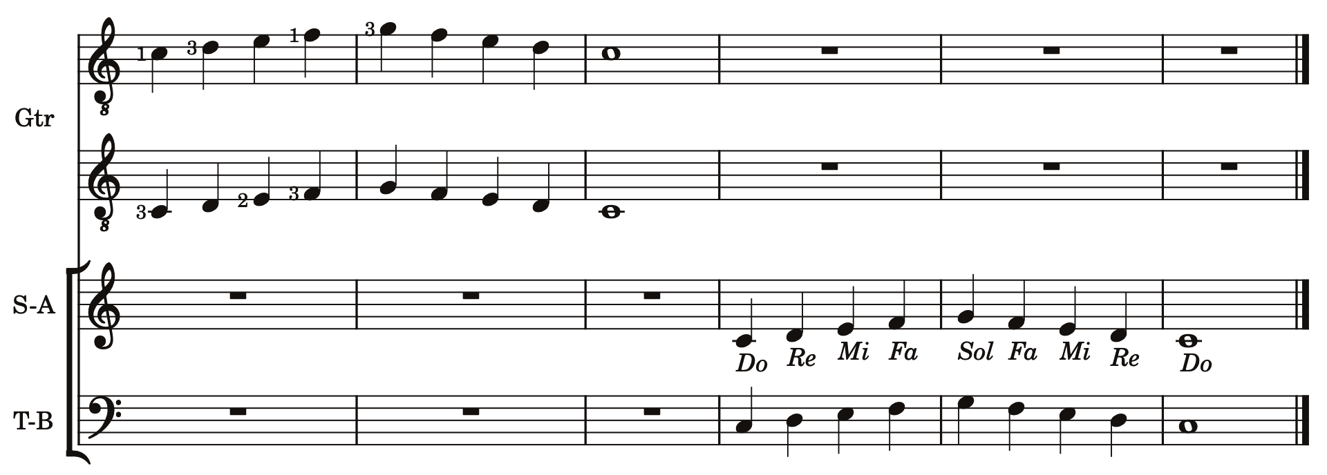 Guitar and voice exercise singing the five-note scale fragment Do, Re, Mi, Fa, Sol, Fa, Mi, Re.