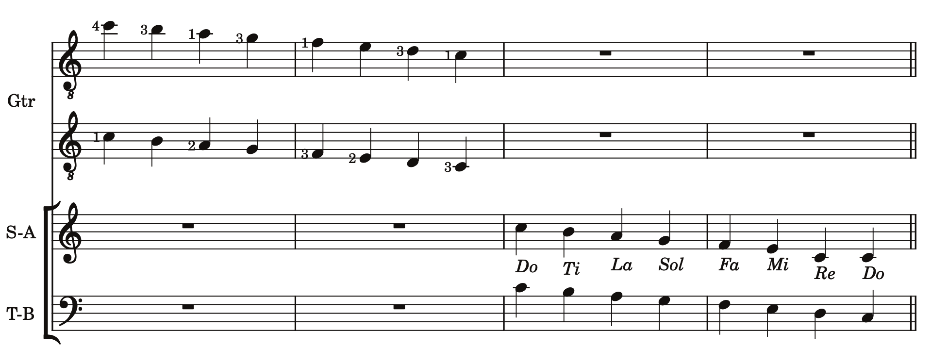 Guitar and voice exercise singing the descending Major scale Do, Ti, La, Sol, Fa, Mi, Re, Do.